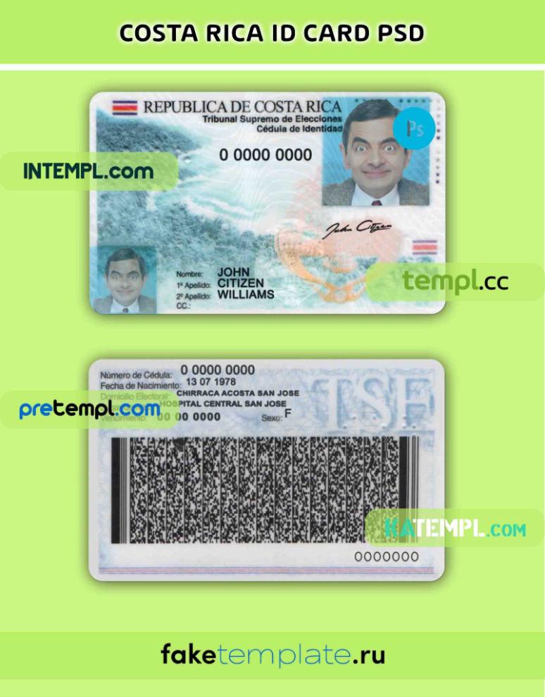Costa Rica identity card PSD download template, version 2 – Intempl