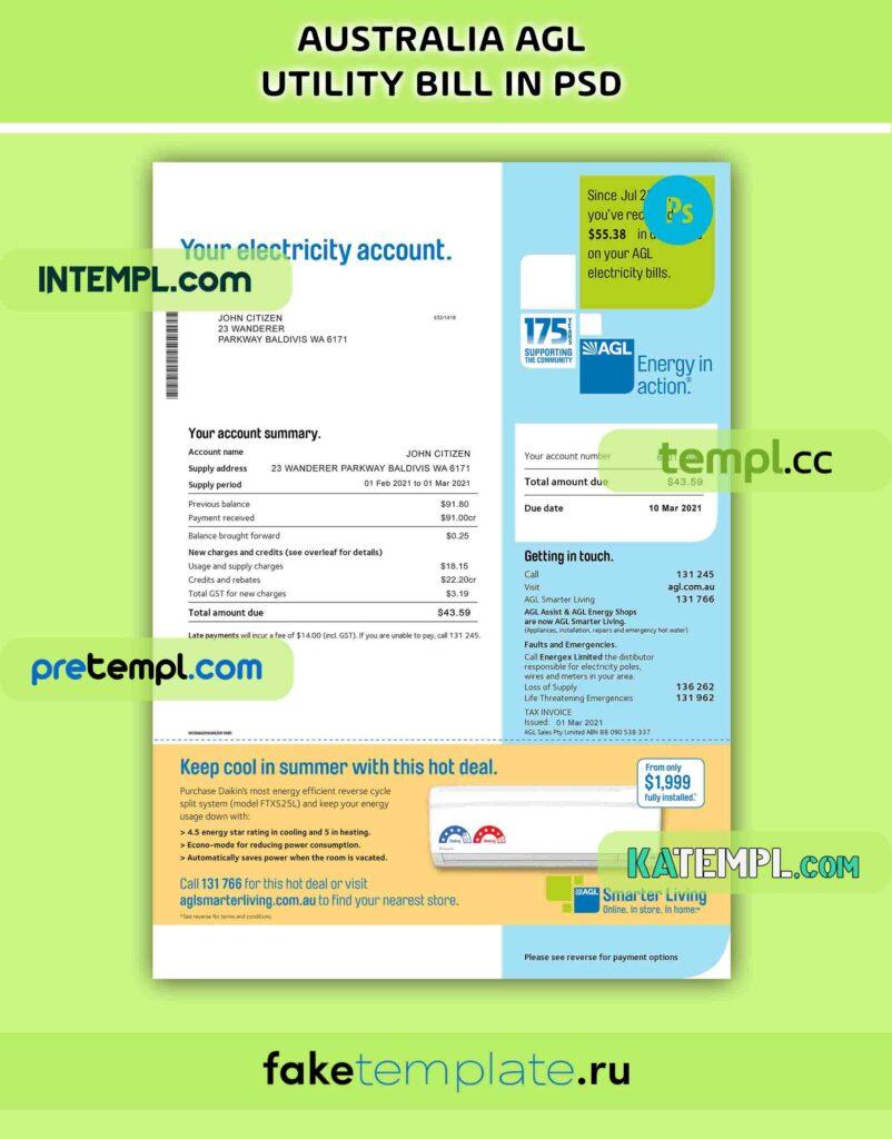 Australia AGL electricity utility bill PSD download template – Intempl