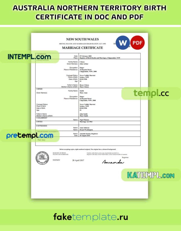 Australia Northern Territory of Australia birth certificate PDF and Word download template