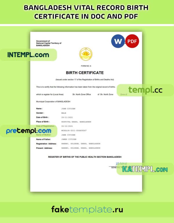 Bangladesh vital record birth certificate PDF and Word download template