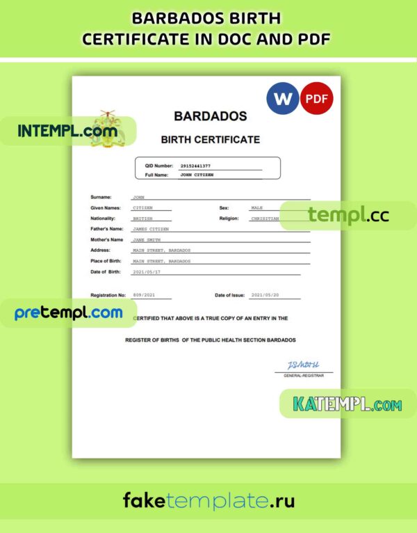 Barbados birth certificate PDF and Word download template