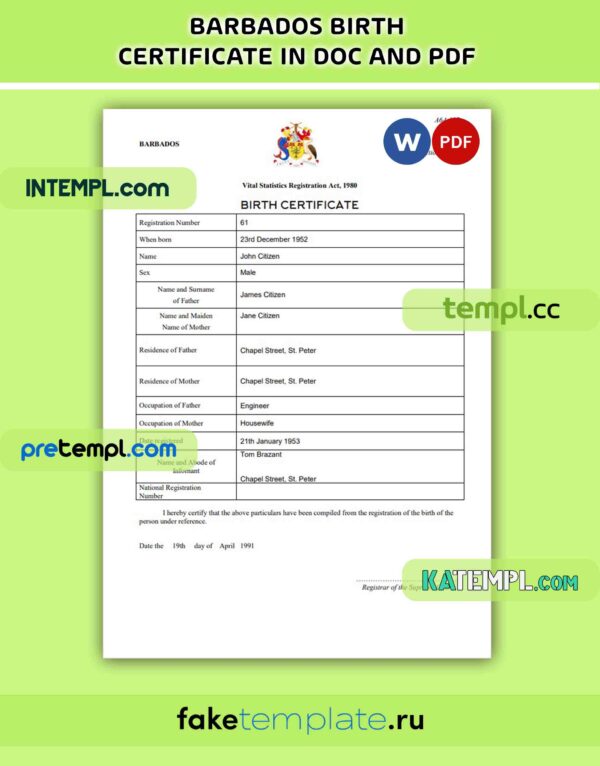 Barbados birth certificate PDF and Word download template