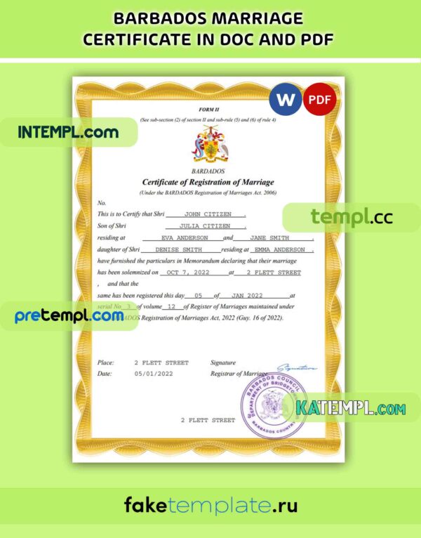 Barbados marriage certificate PDF and Word download template