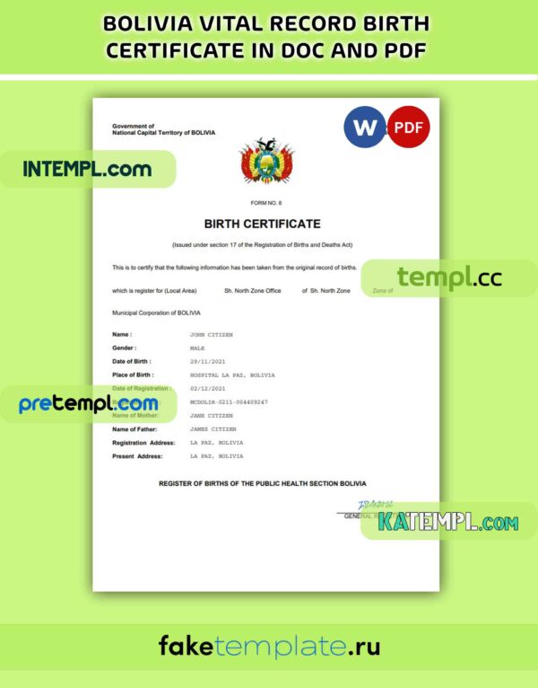 Bolivia vital record birth certificate PDF and Word download template