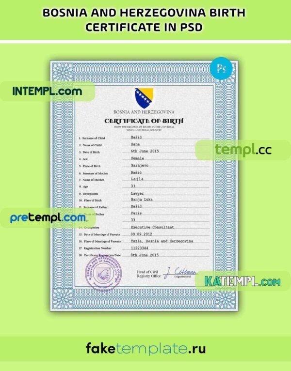 Bosnia and Herzegovina birth certificate PSD download template