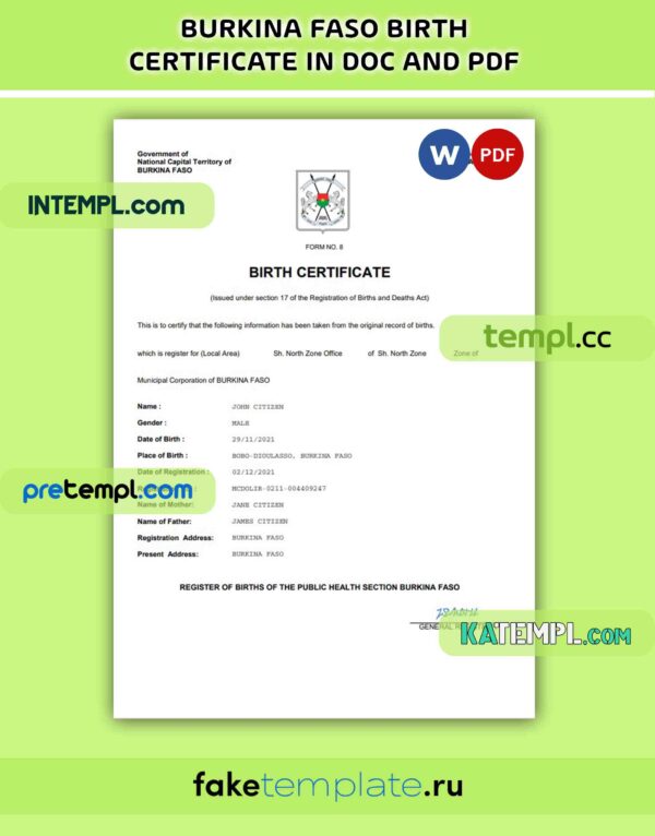 Burkina Faso birth certificate PDF and Word download template