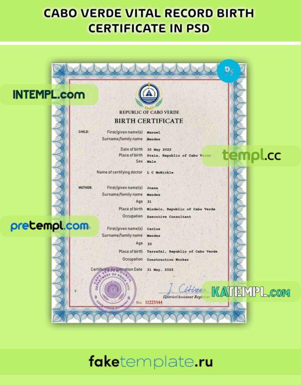 Cabo Verde vital record birth certificate PSD download template