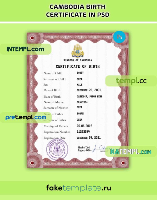 Cambodia vital record birth certificate PSD download template