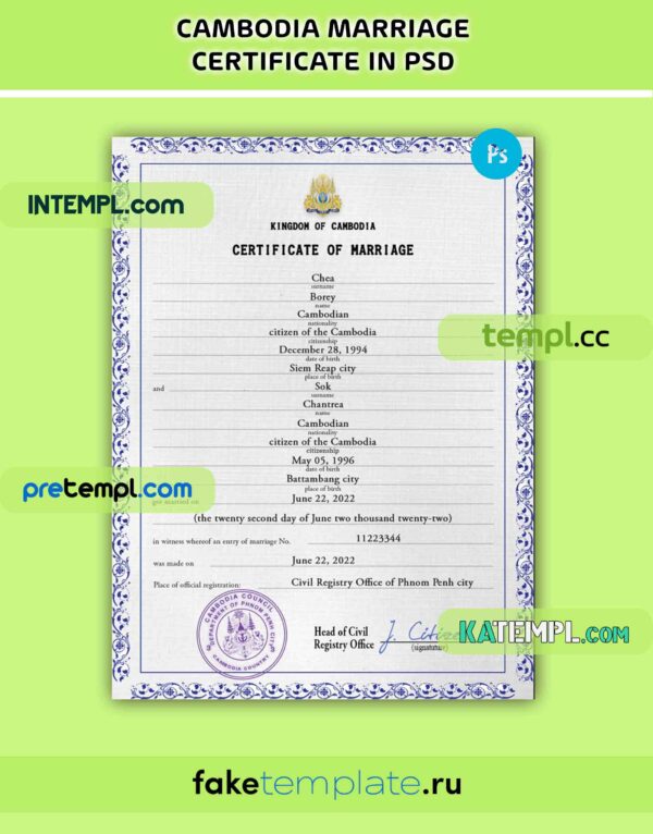 Cambodia marriage certificate PSD download template