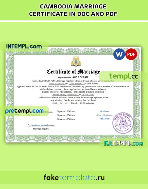 Cambodia marriage certificate PDF and Word download template (Copy)