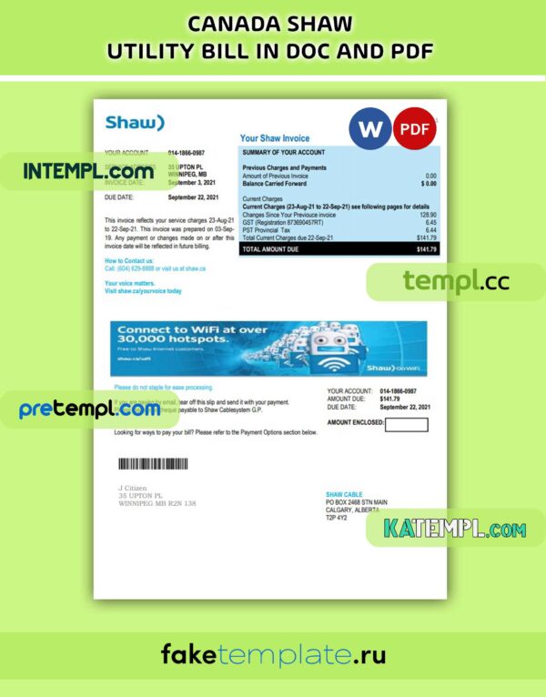 Canada Shaw utility bill, PDF and Word download template