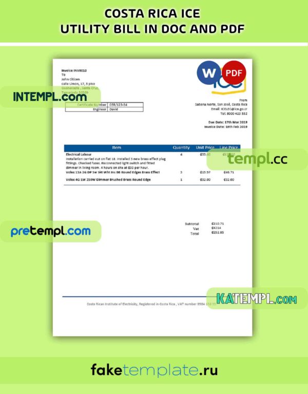 Costa Rica Costa Rican Institute of Electricity utility bill, PDF and Word download template