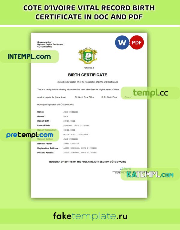 Cote d'Ivorie vital record birth certificate PDF and Word download template