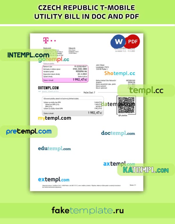 Czech Republic T-Mobile utility bill, PDF and Word download template