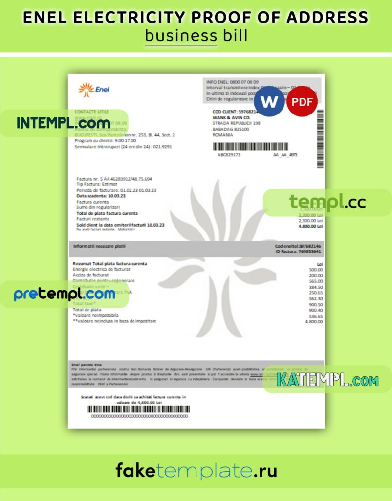 Enel electricity proof of address business utility bill, PDF and Word ...