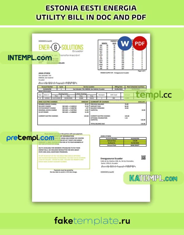 Estonia Eesti Energia electricity utility bill, PDF and Word download template