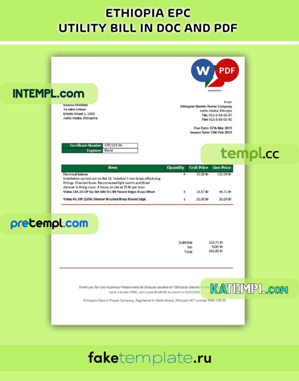 Ethiopia Ethiopian Electric Power Company electricity utility bill, PDF and Word download template