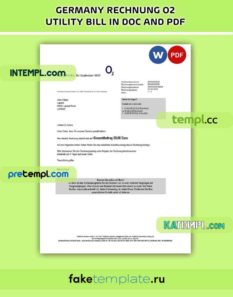 O2 Billing Text Germany RECHNUNG O2 utility bill, PDF and Word download template – Intempl