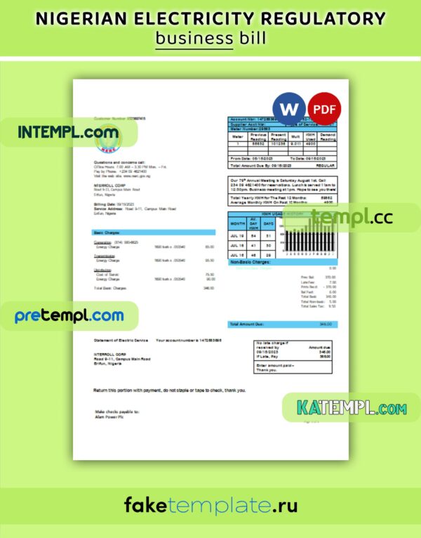 Nigerian Electricity Regulatory Commission electricity business utility bill, Word and PDF template