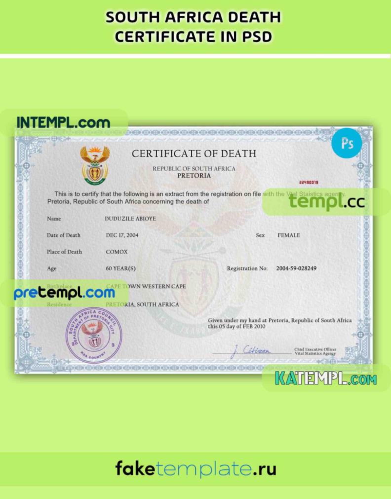 South Africa death certificate PSD download template