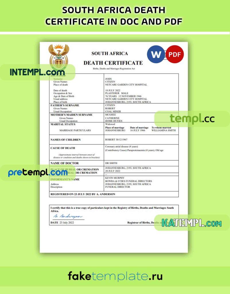 South Africa death certificate PDF and Word download template – Intempl