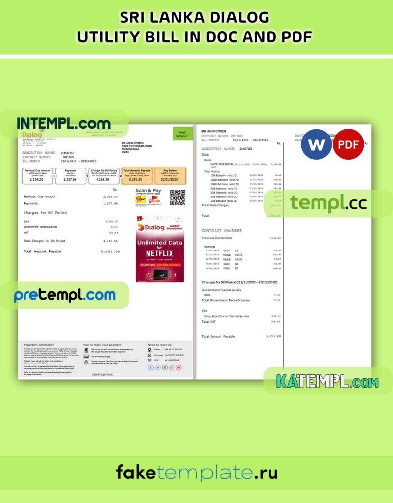 Sri Lanka Dialog utility bill, PDF and Word download template (2 pages ...