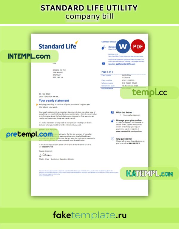 Standard Life business utility bill, PDF and Word template