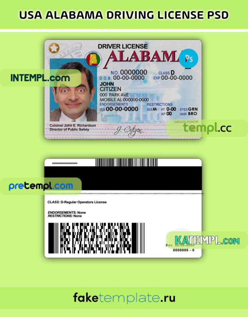 USA Alabama driving license PSD download template – Intempl