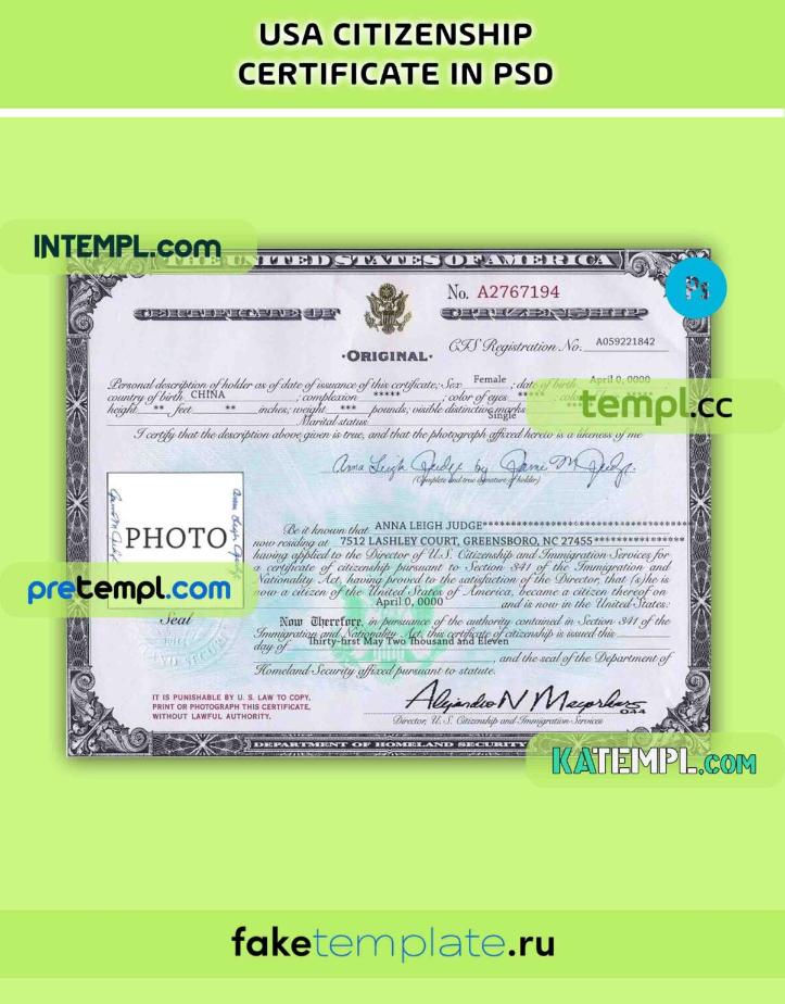 USA Citizenship certificate PSD download template – Intempl
