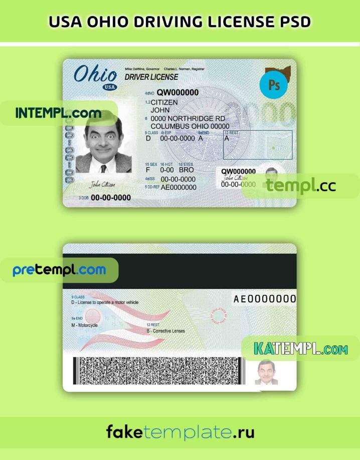 Ohio Dl Example USA Ohio driving license PSD download template