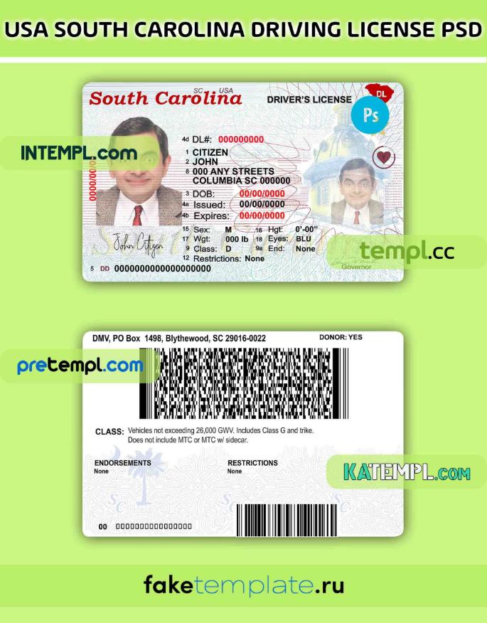 Sc License Example USA South Carolina state driving license PSD download template, 2020 ...