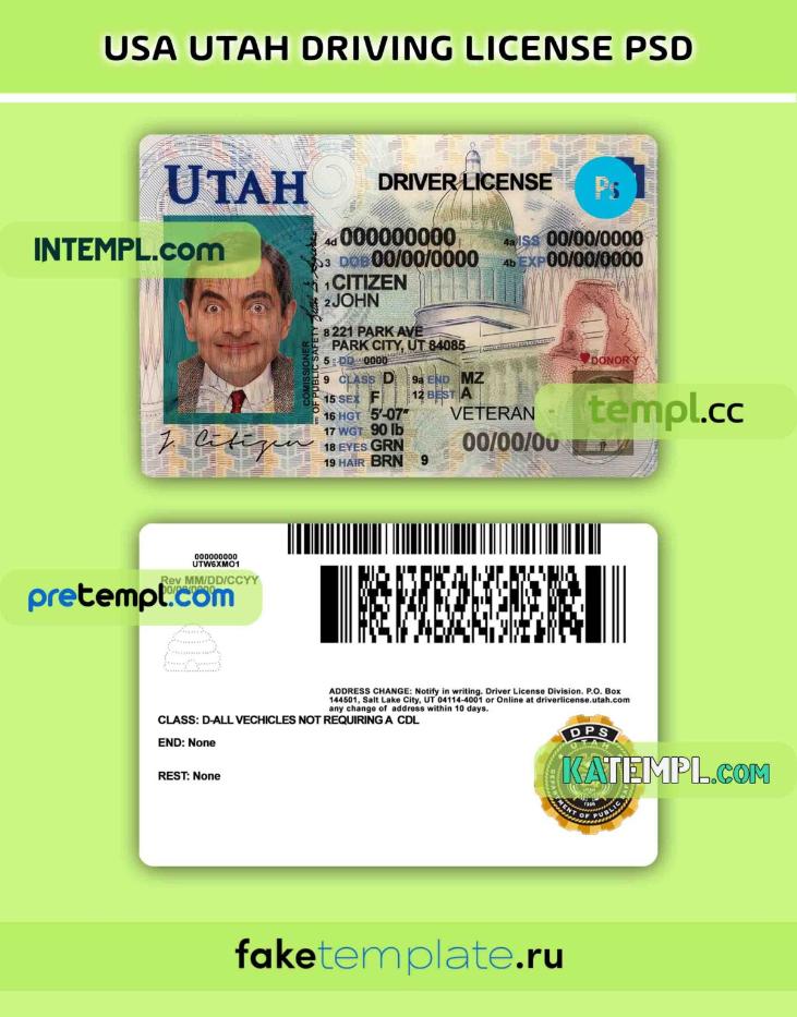 USA Utah driving license PSD download template