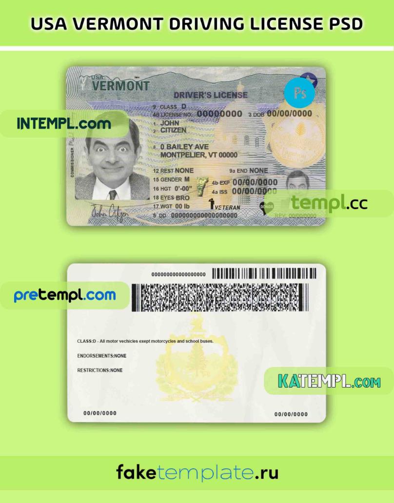 USA Vermont driving license PSD download template, 2019 - present