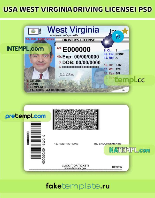 USA West Virginia driving license PSD download template