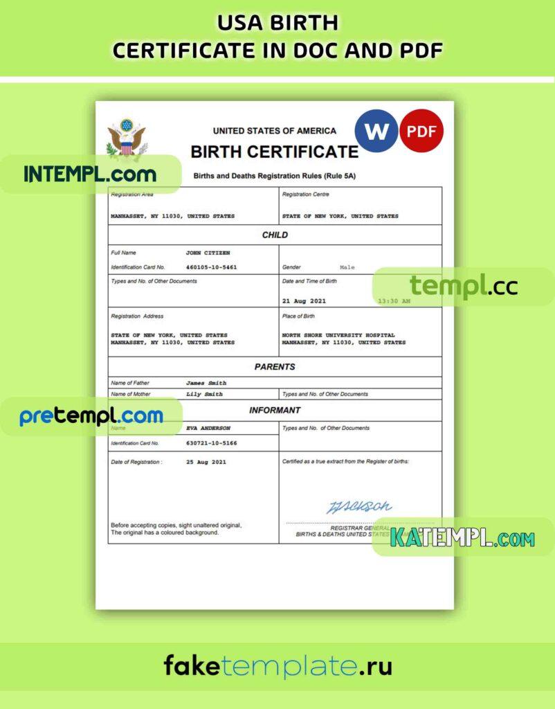 USA birth certificate PDF and Word download template