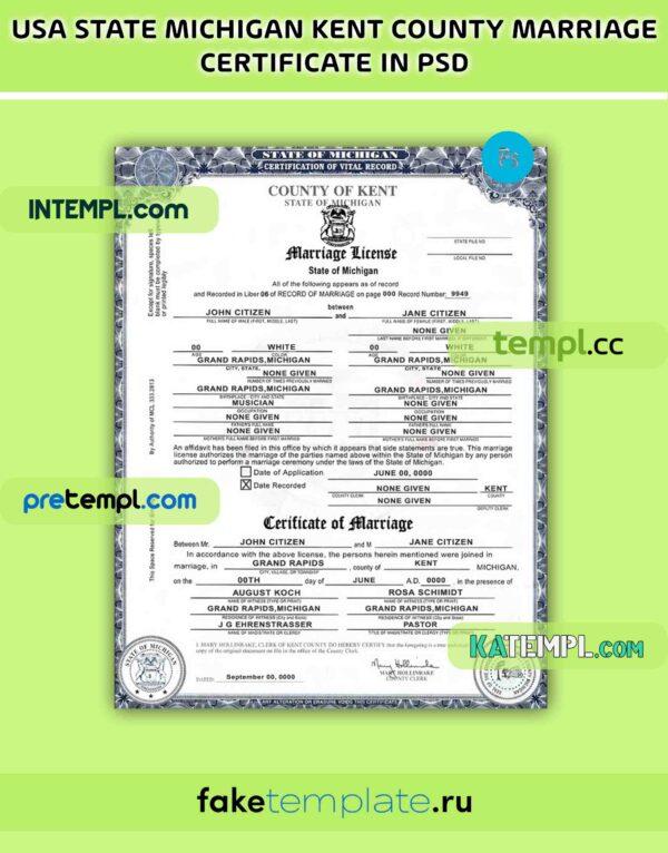 USA state Michigan Kent County marriage certificate PSD download template, version 2