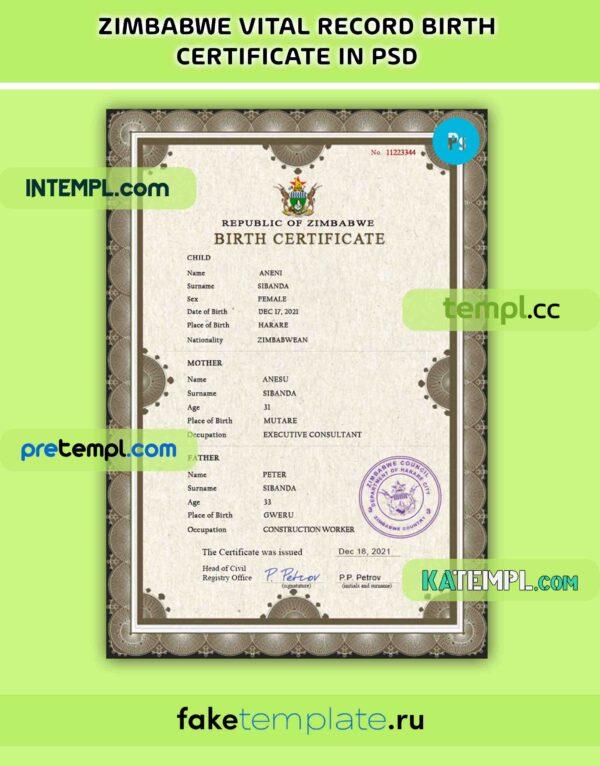 Zimbabwe vital record birth certificate PSD download template