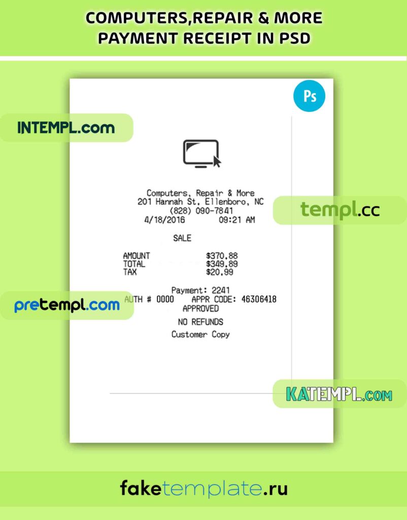 COMPUTERS, REPAIR & MORE payment receipt PSD download template – Intempl
