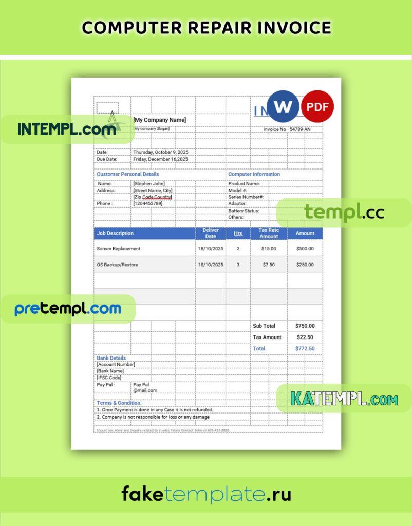 Computer Repair Invoice Word and PDF download template