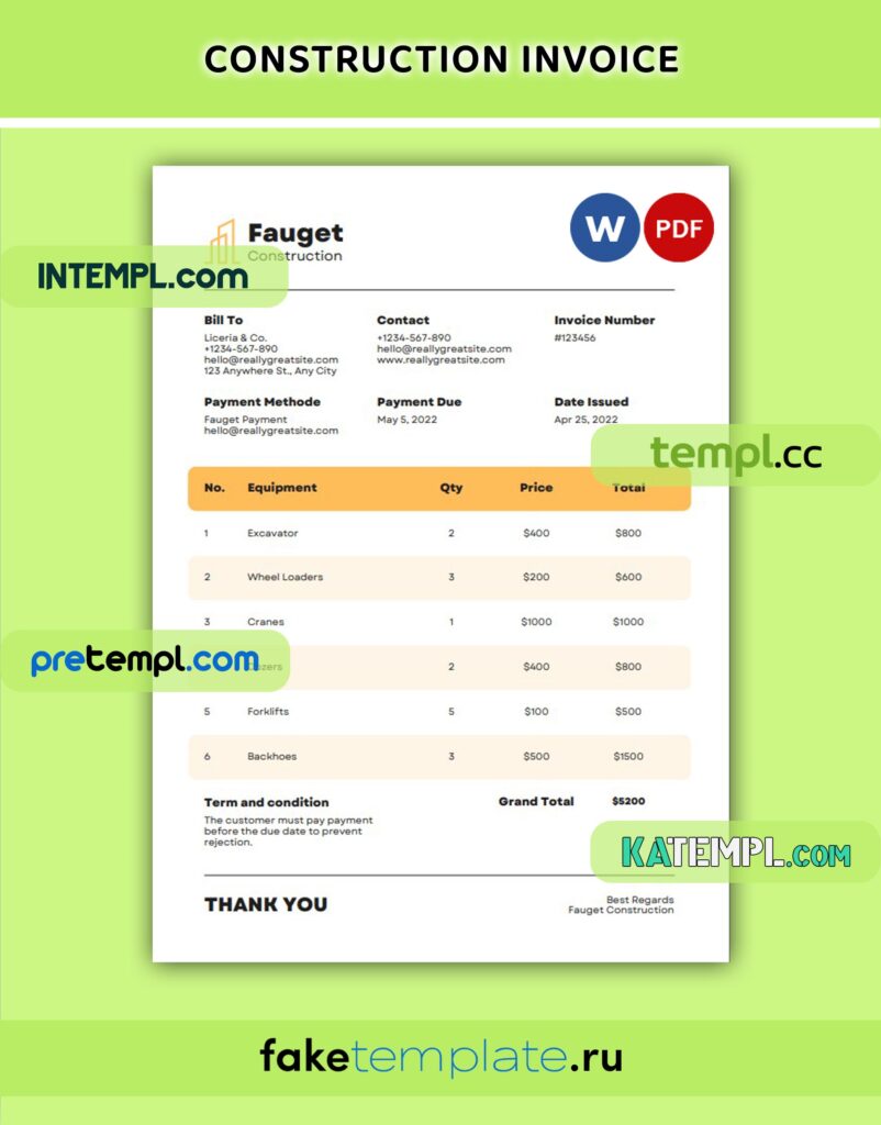 Construction invoice Word and PDF download template – Intempl