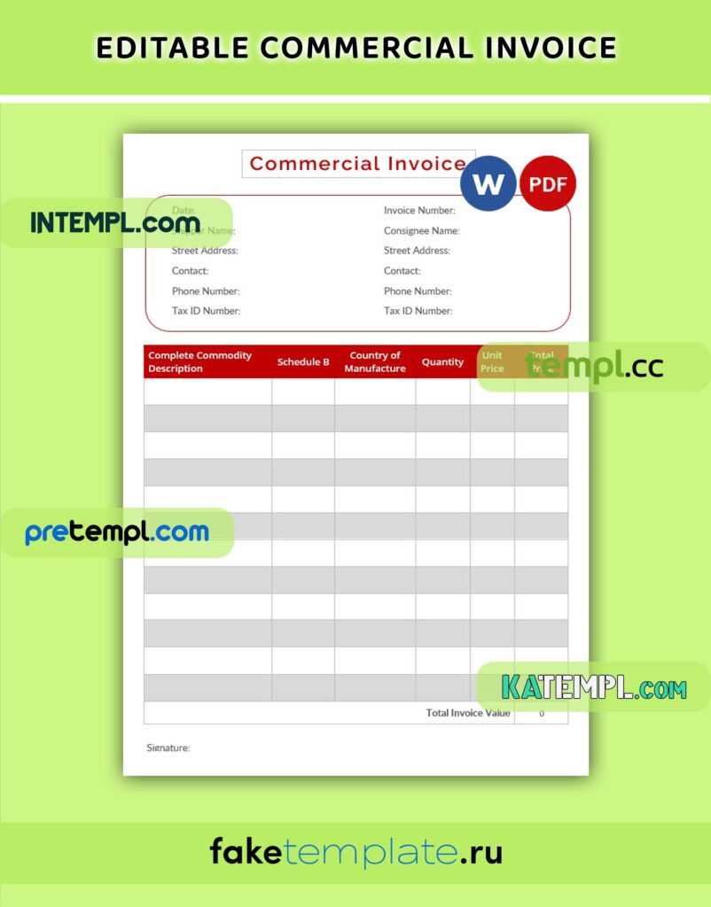 Sample Commercial Invoice Editable Editable Commercial Invoice Word and PDF download template