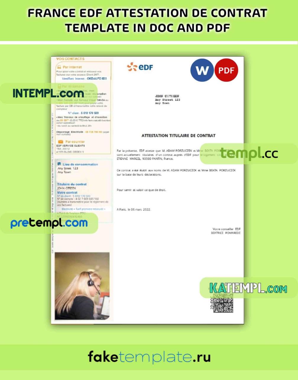 France EDF attestation de contrat Word and PDF download template – Intempl