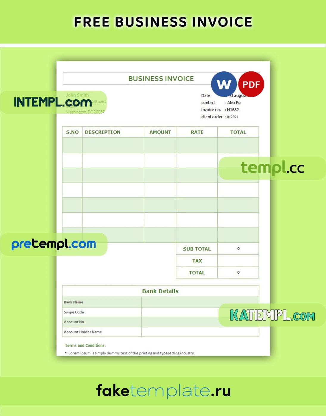 Free Business Invoice Word And PDF Download Template Intempl