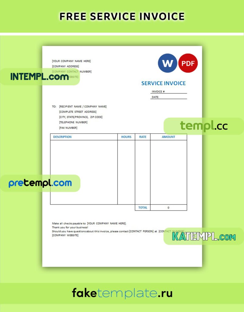 Free Service Invoice Word and PDF download template