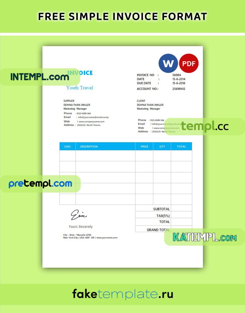 Free Simple Invoice Format Word and PDF download template