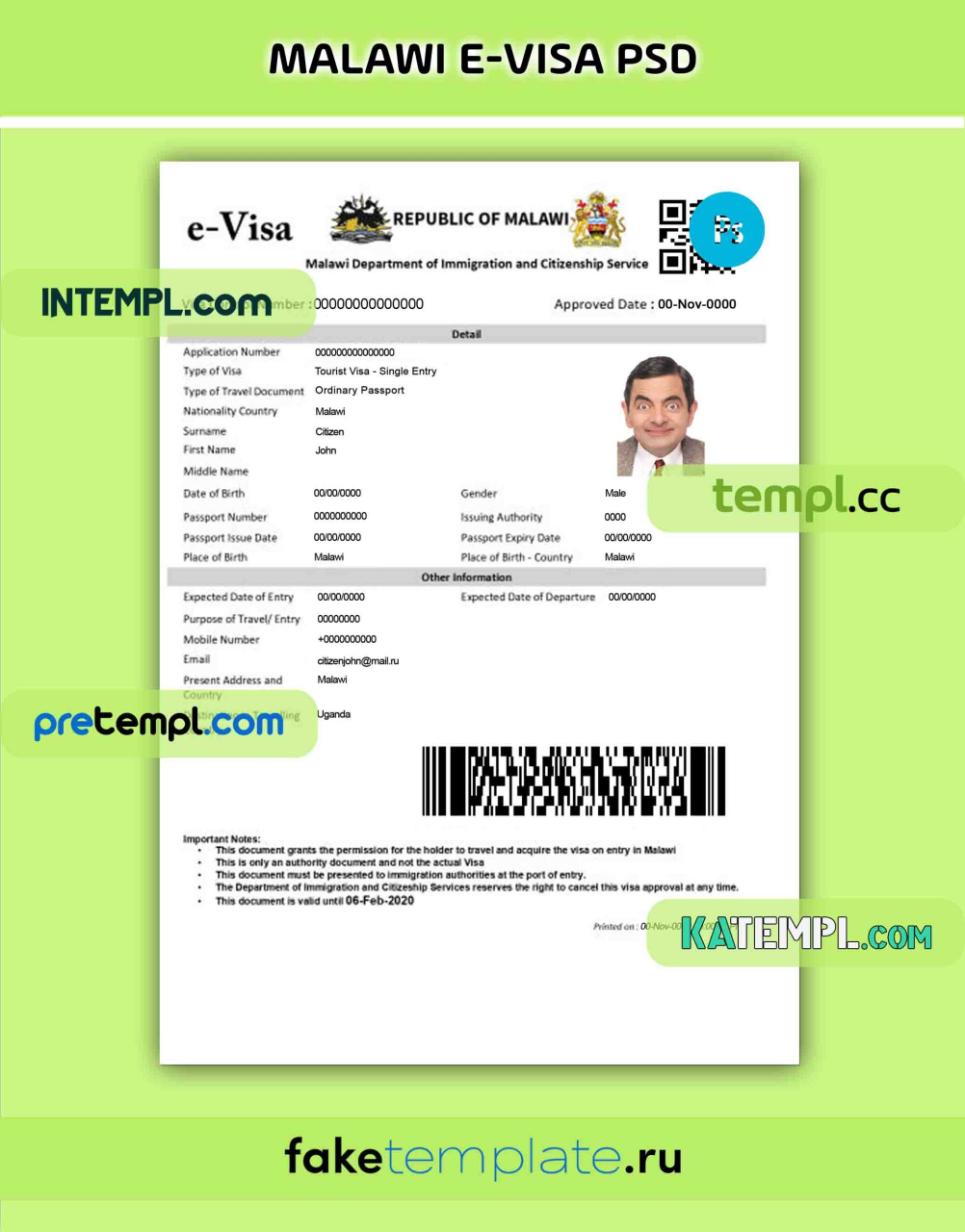 Malawi E visa Travel Visa PSD Download Template