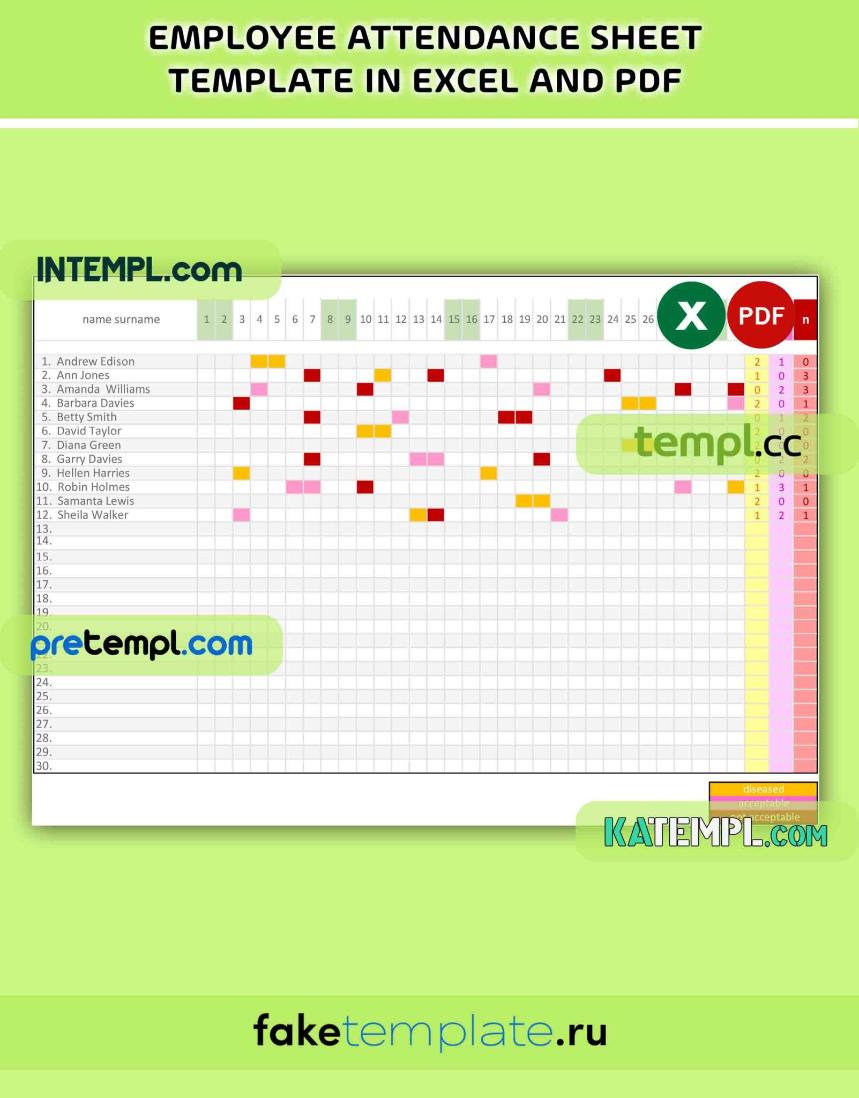 employee attendance sheet template Excel and PDF download template