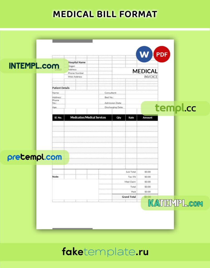 Medical Bill Format Word and PDF download template – Intempl