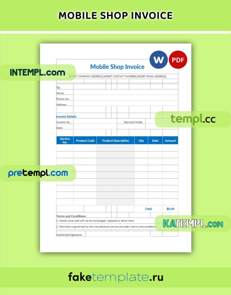 Mobile shop invoice Word and PDF download template