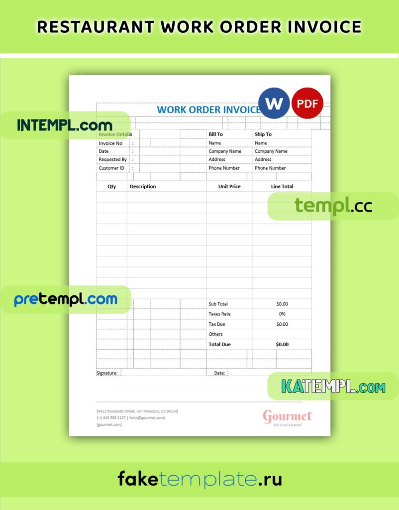 Kitchen Work Invoice Restaurant Work Order Invoice Word and PDF download template